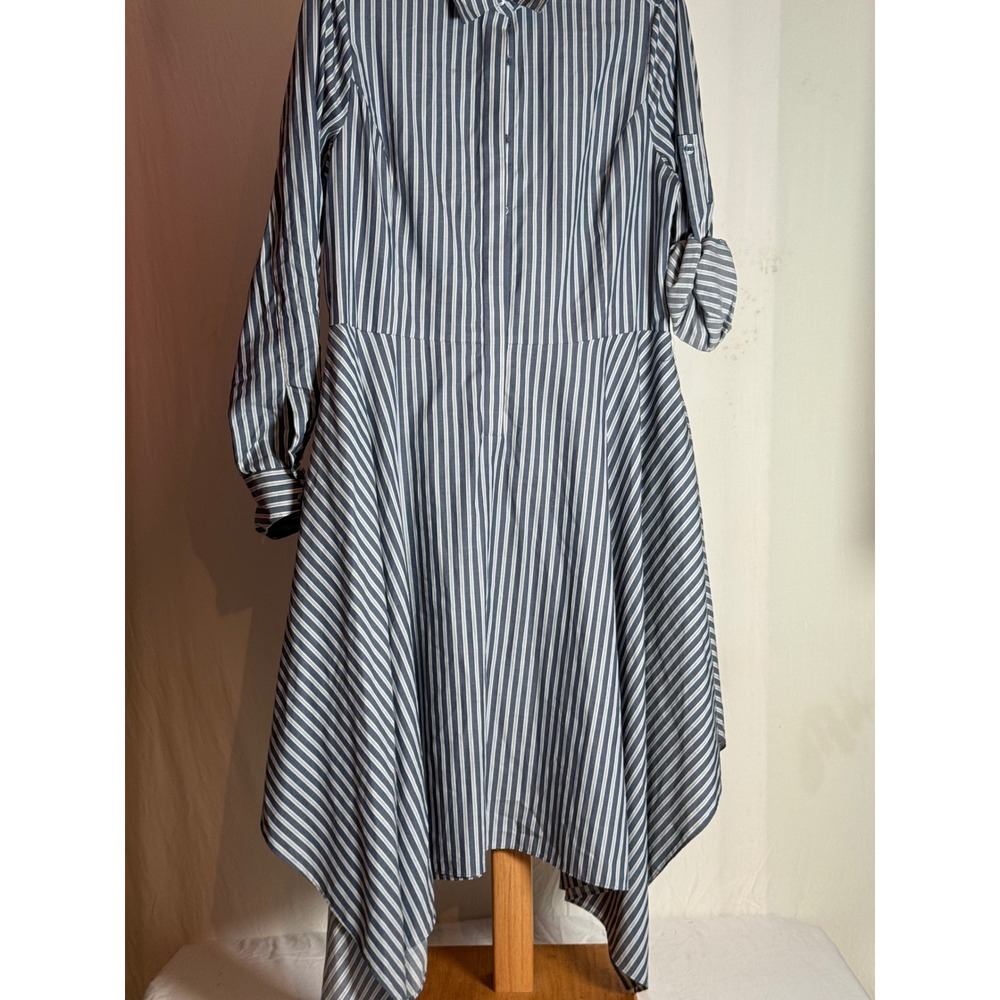 BCBGMAXAZRIA Women Blue White‎ Striped Handkerchief Hem Shirt Dress Large